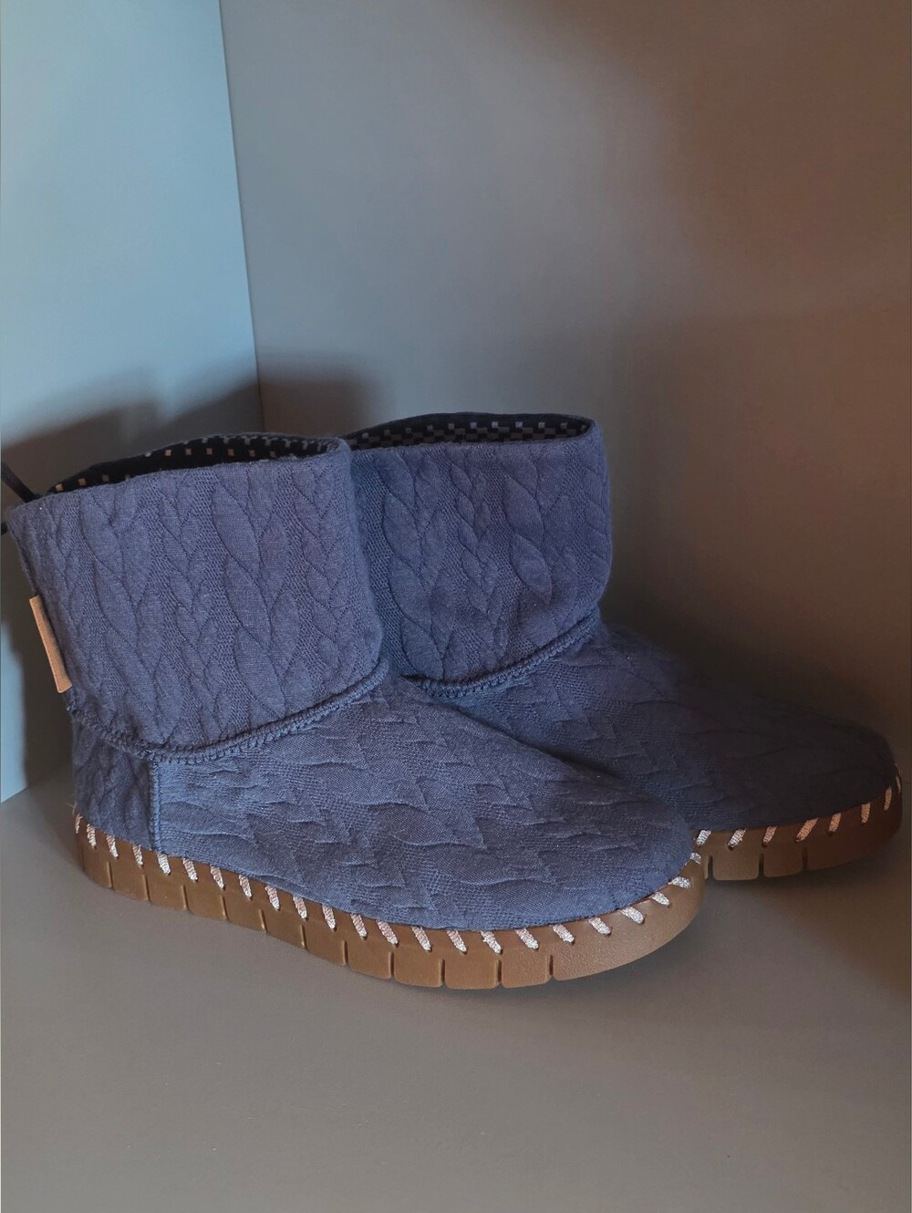 Muk Luks Quilted Ankle Boot Slippers in Blue with Brown Sole